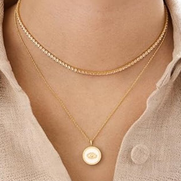 Neiman Marcus 14K Gold Plated White Evil Eye Mother of Pearl CZ Necklace - Picture 1 of 4